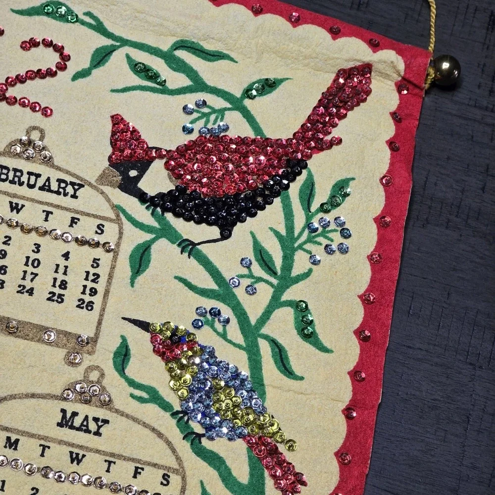 Vintage 1972 Felt Wall Calendar with Sequins, Bird Design